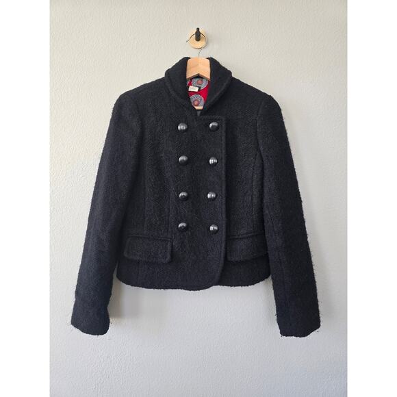 J.Crew Black Wool Blend Peacoat Jacket Siz 4 Bouclé Military Chic Vibe Old Money - Picture 1 of 6